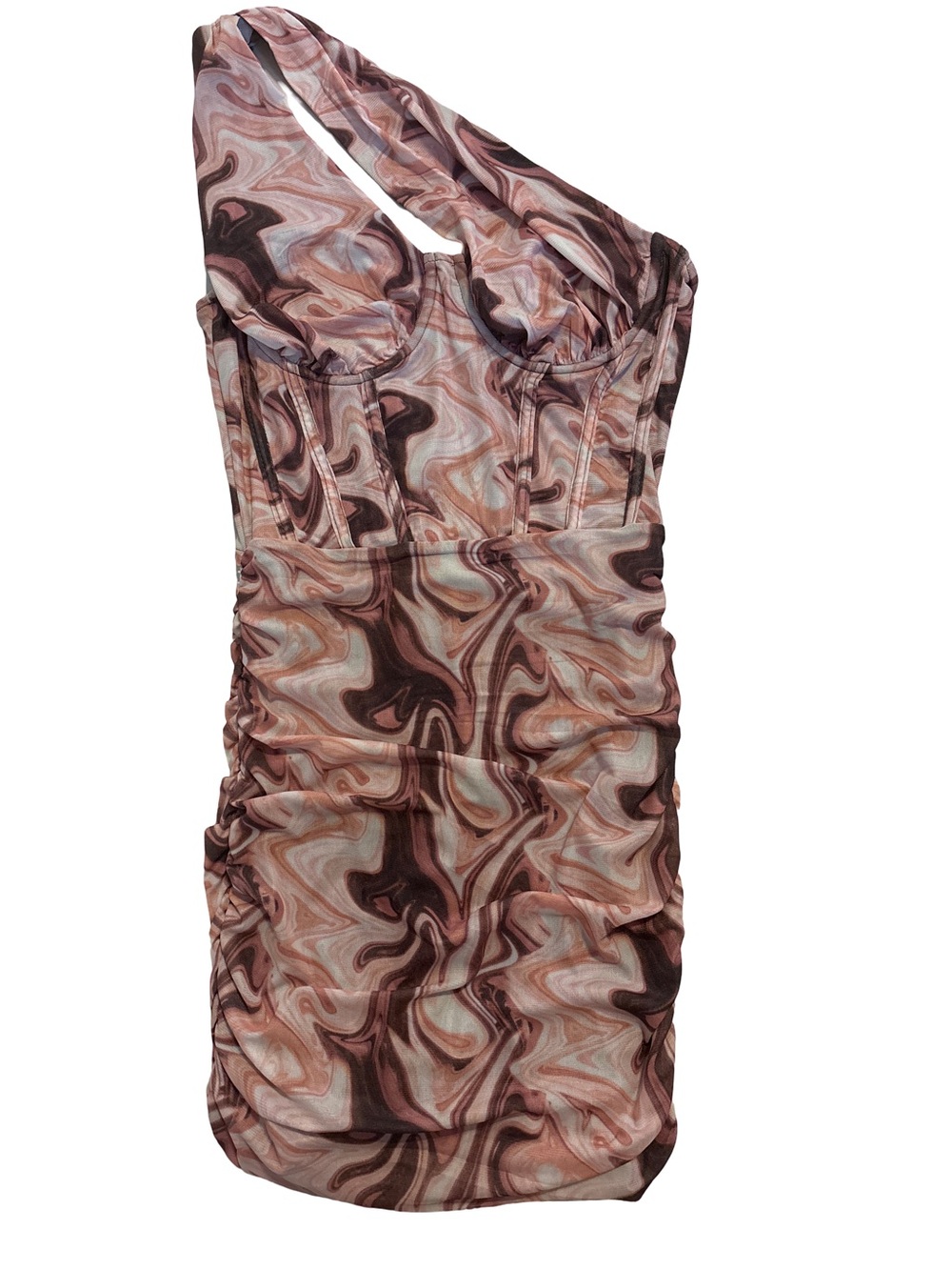 One-Shoulder Ruched Dress in Brown Marble Print